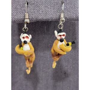 Hand Painted Monkey Holding Banana Dangle Hook Earrings 2.5" Lightweight